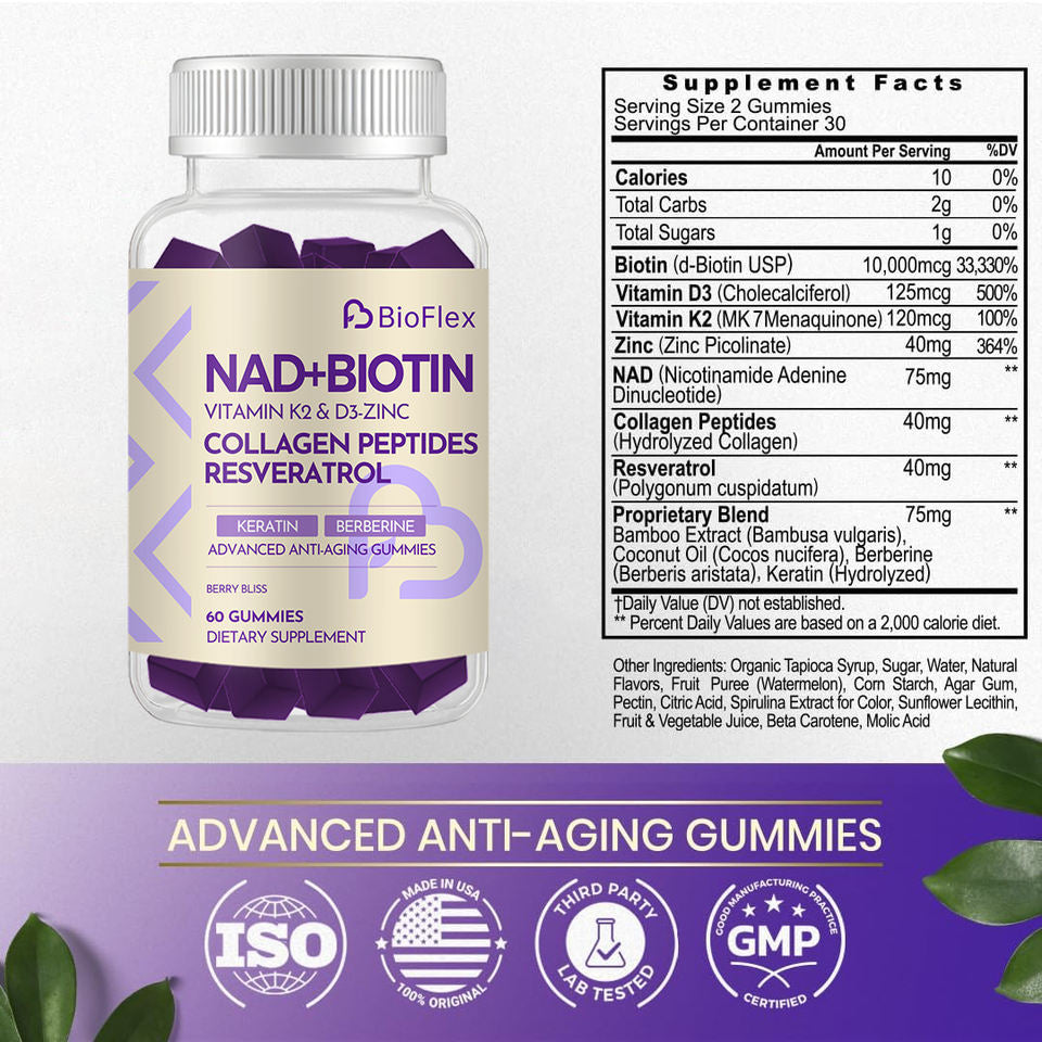 BioFlex NAD Biotin Collagen Resveratrol Gummy Supplements