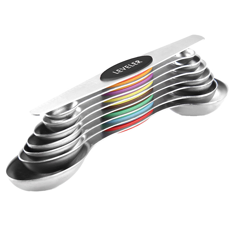 Stainless Steel Magnetic Stacked Measuring Spoons Set 7-Piece 2-Sided Spoons with 1 Leveler Double End Head Bakery Tools