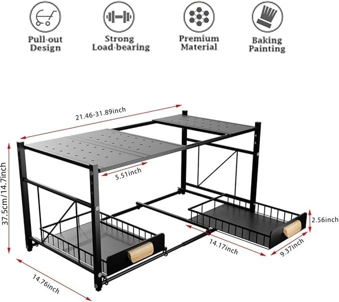 Expandable Kitchen Under Sink Organizer and Storage - Stainless Steel Bathroom Organizer and Storage - 2 Tier Sliding Basket Drawers