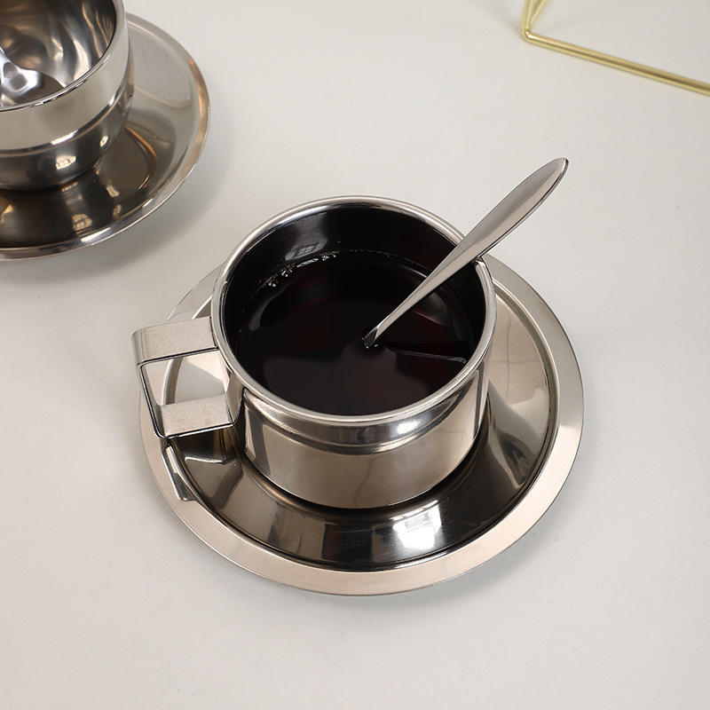 Stainless Steel Coffee Cup Set with Spoons and Tray, Double-Walled Espresso Cups, Suitable for Coffee, Latte