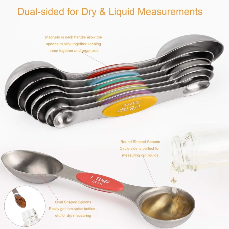 Stainless Steel Magnetic Stacked Measuring Spoons Set 7-Piece 2-Sided Spoons with 1 Leveler Double End Head Bakery Tools