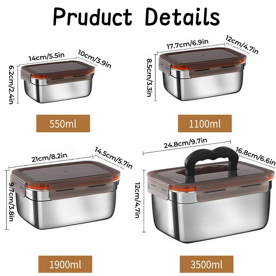 304 Stainless Steel Leak-proof Bread Storage Box Fresh Bento Container Transparent Lid Microwave-Safe 1/3/4 Pieces Multifunctional Food Storage