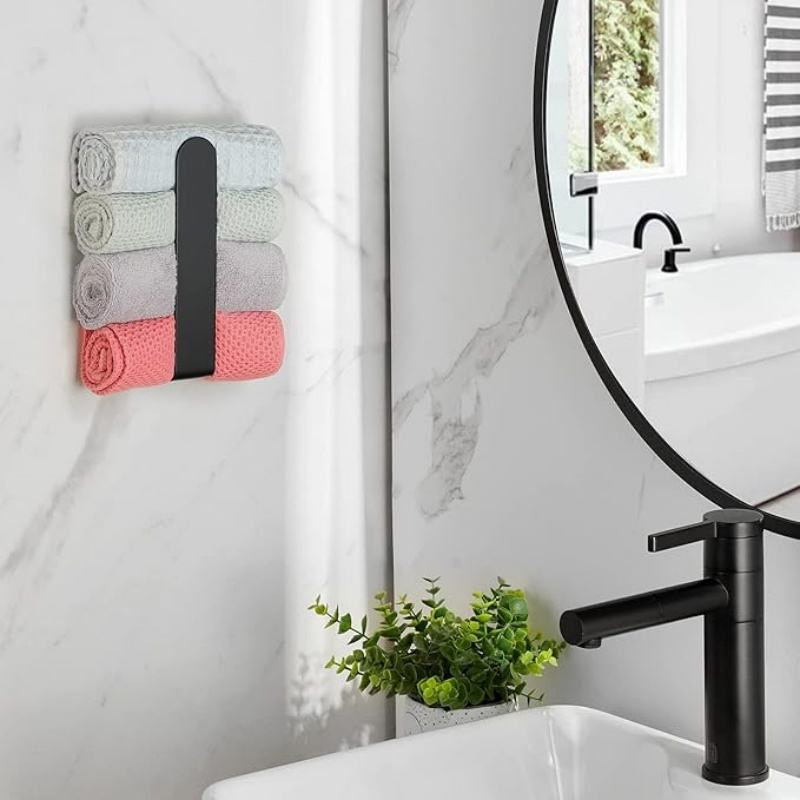 Modern Satin Towel Holder & Hanger Adhesive No-Drilling Bathroom Kitchen Rack