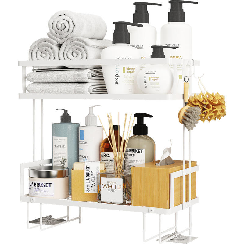 Self-Adhesive Bathroom Wall Shelf Above Toilet 2-tier Rack Space-saving Bathroom Shelves with Hooks