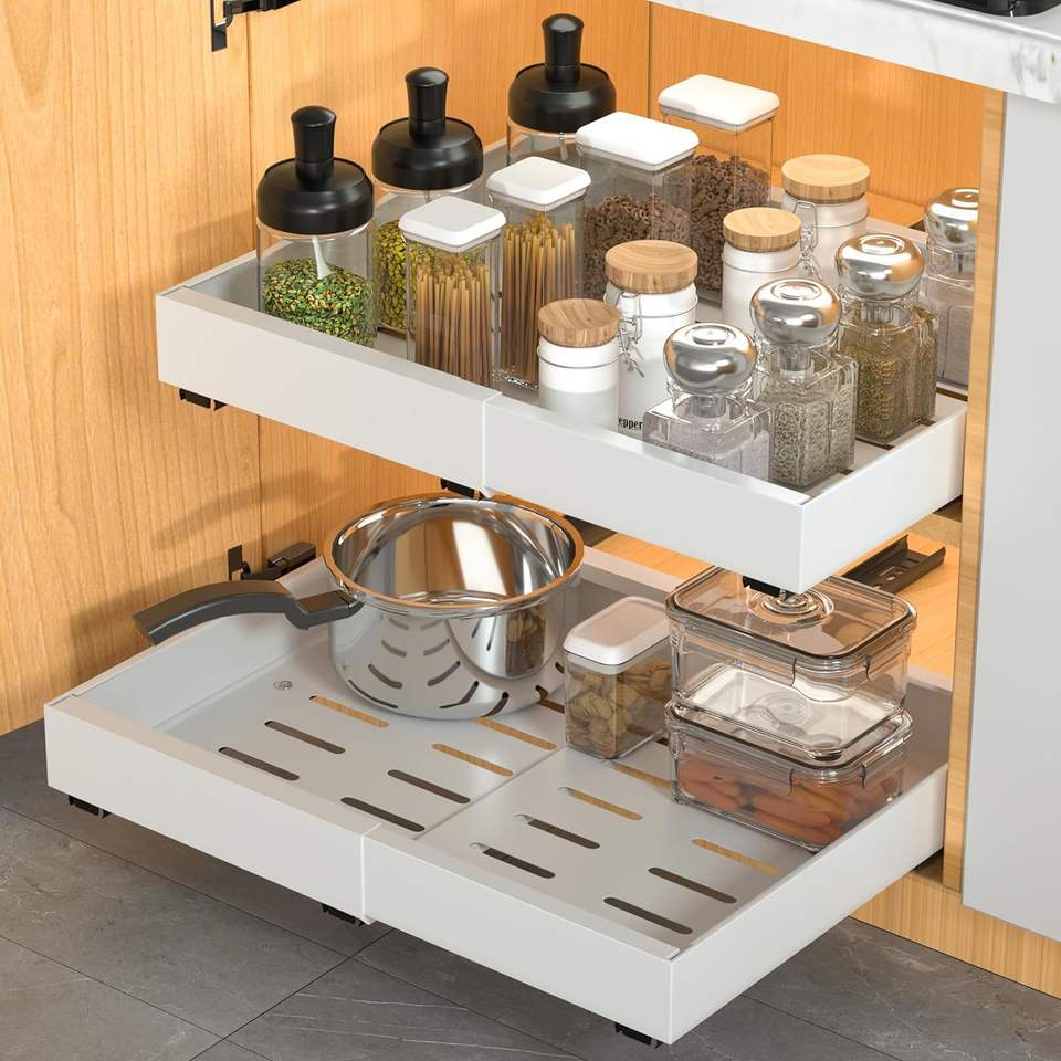 Expandable Kitchen Cabinet Organizer Heavy-Duty Pull-Out Cabinet Shelves with Dividers