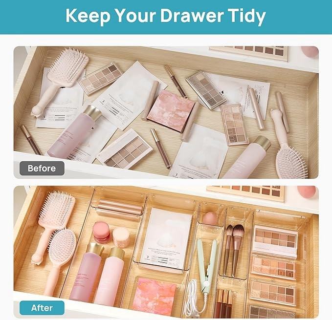 Clear Plastic Multi-Size Organizer Set for Desktop Drawers, Bathroom Vanity, and Dresser - Cosmetic Storage