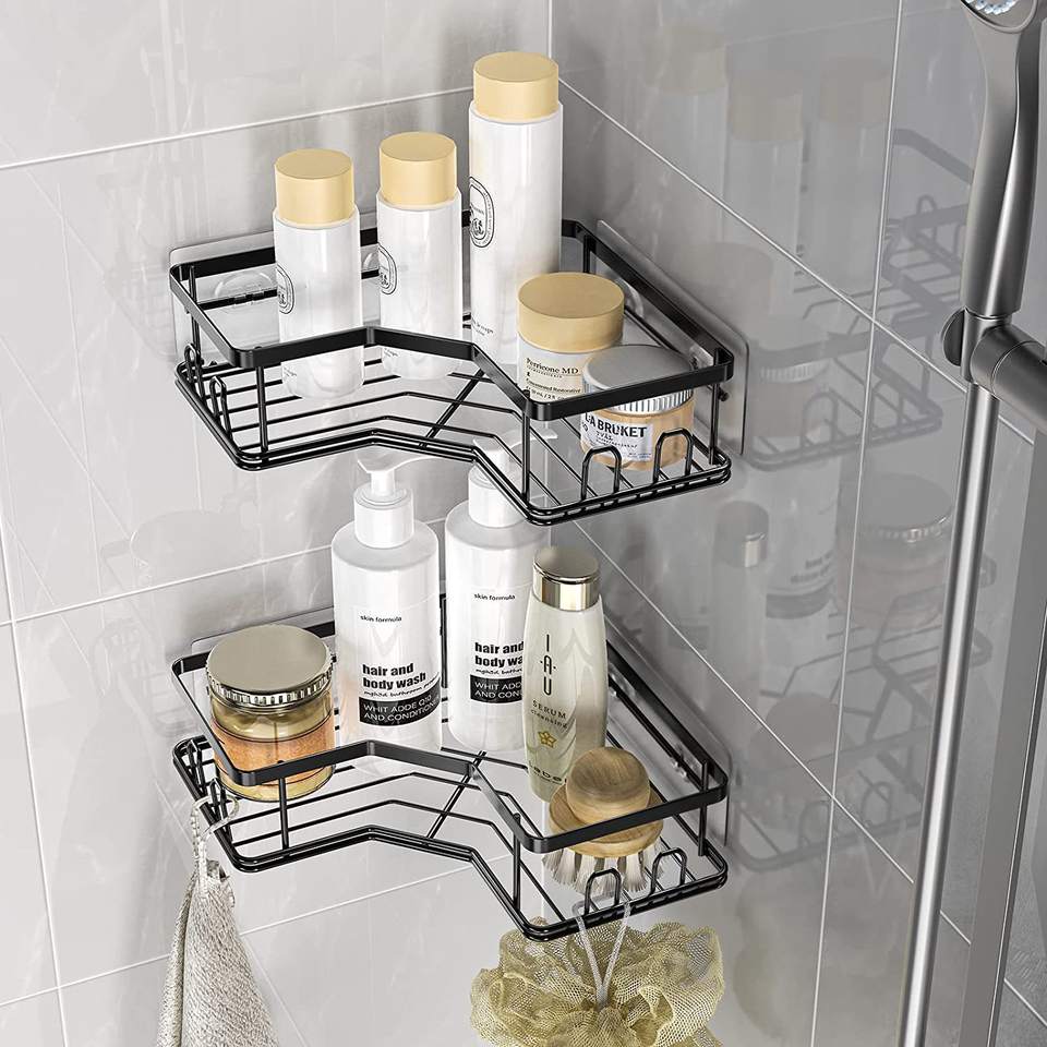 Stainless Steel Bathroom Corner Shelf Organizer Towel Holder Shower Caddy with Hooks Accessory Set
