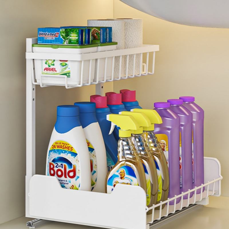 2-Tier Non-Perforated Metal Spice Rack Organizer Stand Storage Box for Kitchen Bathroom Pull-Out Spice Storage