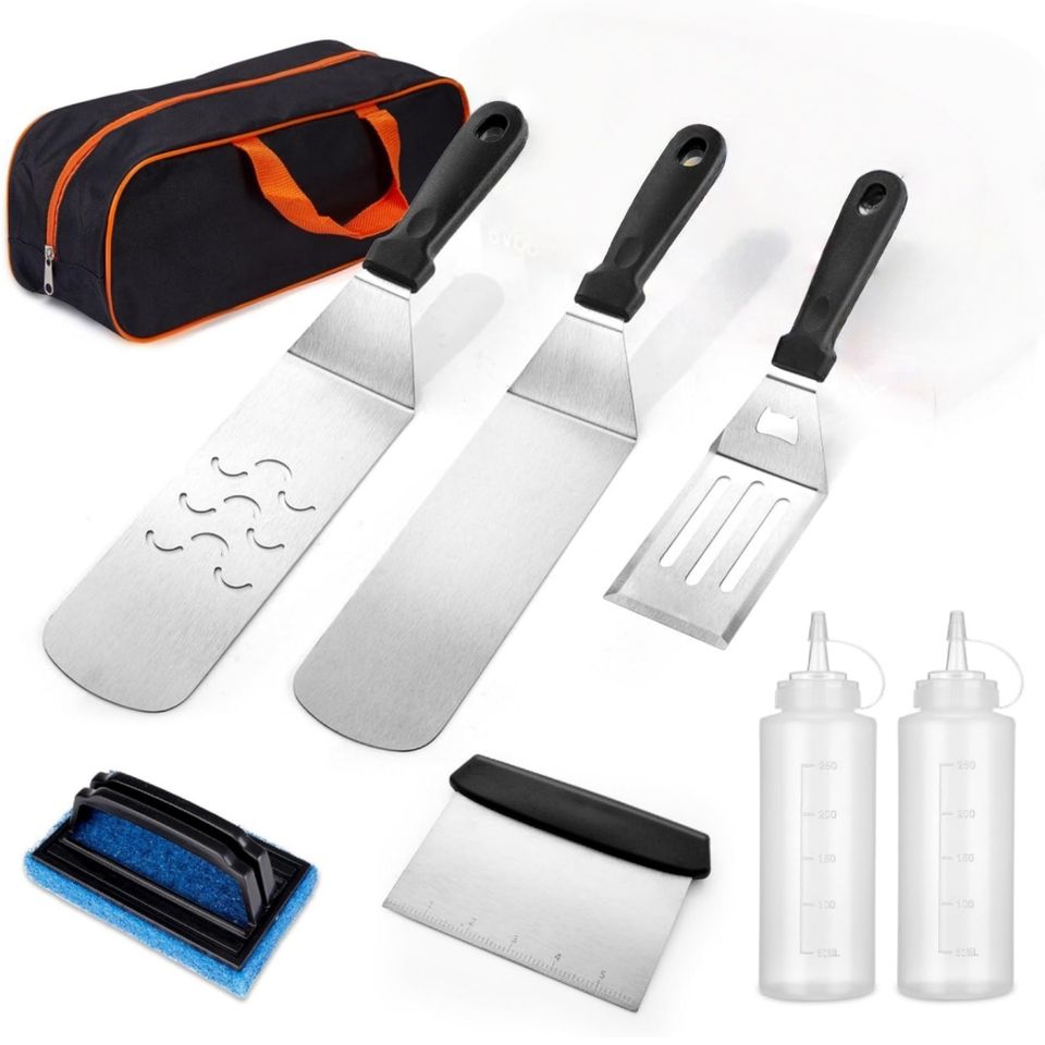 Stainless Steel BBQ Tool Set with Iron Plate Grill Spatula for Camping and Cooking
