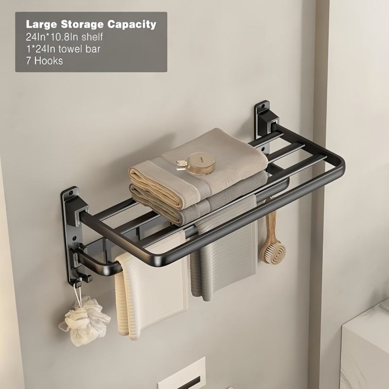 Foldable Bathroom Shelf with Hooks for Towel Storage Organization