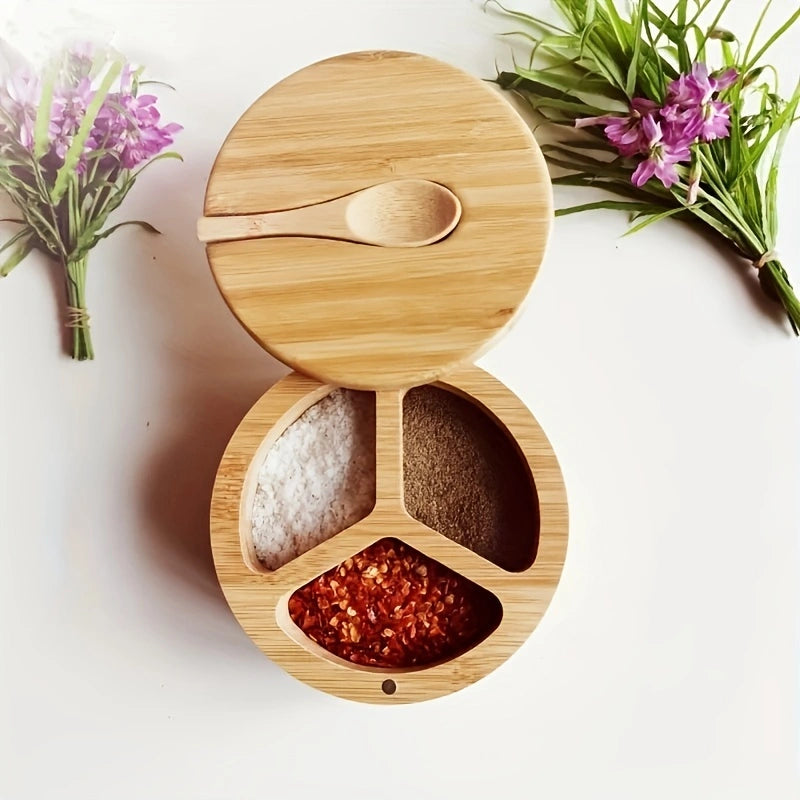 Hot Sale 3 Grid Rotating Wooden Kitchen Spice Boxes Magnetic Spice Containers Spice Storage Box Glass