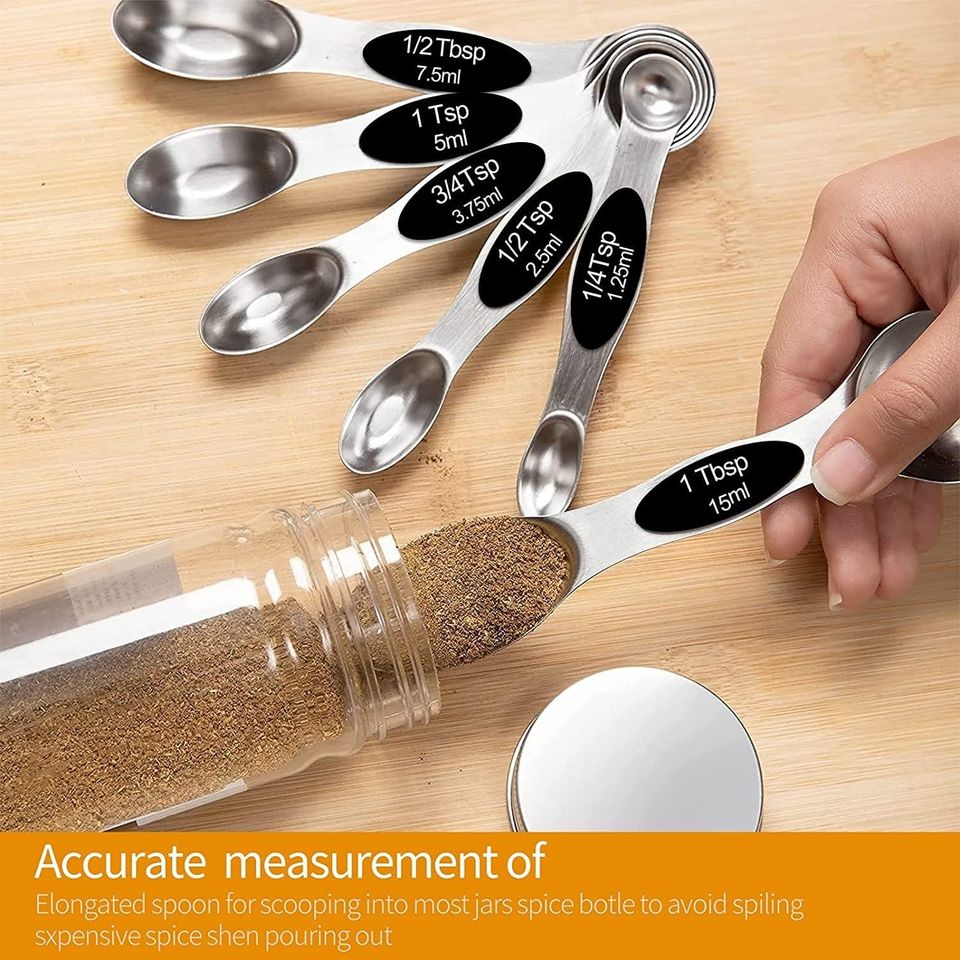 Double-Ended Magnetic Measuring Spoon Set, 9-Piece Black Handle Stainless Steel Dual-Sided Leveler for Cooking Baking
