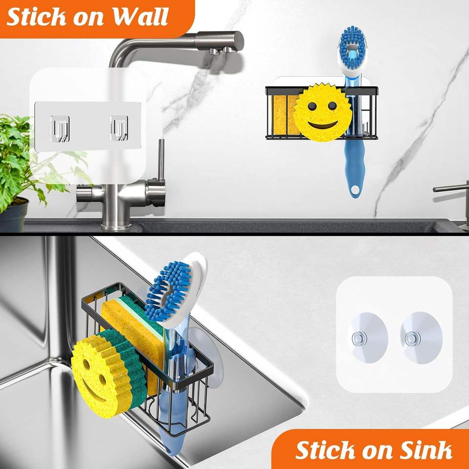 Smiley-Sponge Holder, Kitchen Sink Organizer with 2 Suction Cups/1 Adhesive Strip, Sink Drain Rack