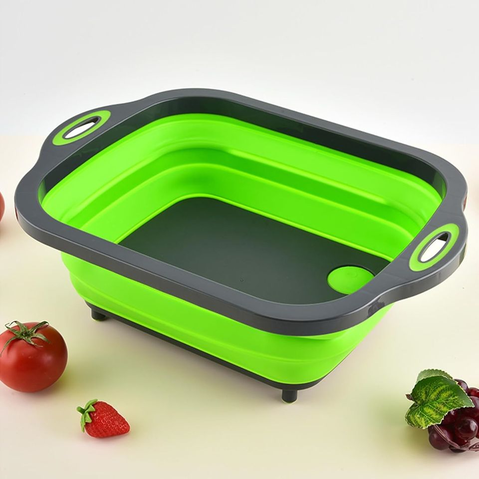 Foldable Plastic and Silicone Multifunctional Kitchen Cutting Board with Wash and Drain Basket for Fruits and Vegetables