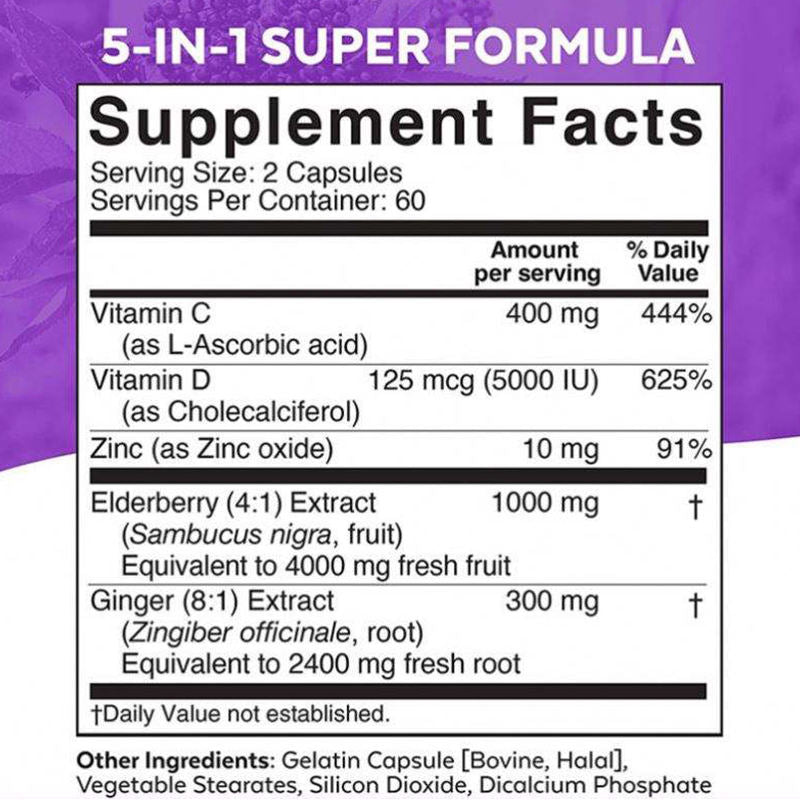 Private Label Halal Vegan 1000mg Black Elderberry Capsules Adult Vitamin C Immune Booster