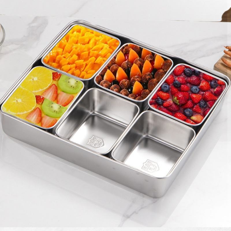 Stainless Steel Divided Serving Tray with Lid and 6 Removable Compartments