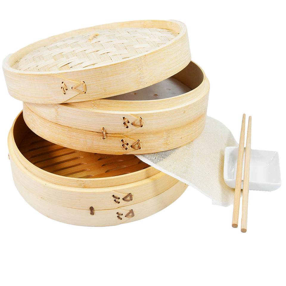 Bamboo Steamer for Traditional Dumplings, Vegetables, Dim Sum, Buns, Fish, and Meat