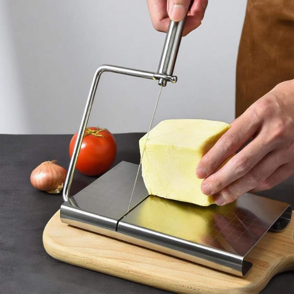 Stainless Steel Cheese Slicer with 5 Replacement Wires, Grid Pattern/Blank Option, for Block Cheese