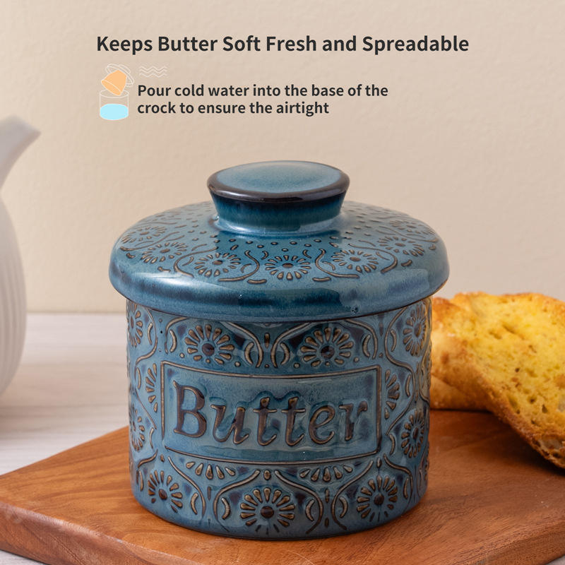 Keramik French Butter Dish with Lid for Countertop, Butter Keeper with Water Line for Fresh Spreadable Butter