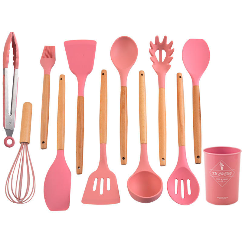 High-Quality 12-Piece Silicone Kitchen Utensil Set with Wooden Handle - Non-Stick Spoon, Ladle, Spatula, Tongs Kitchen Tool