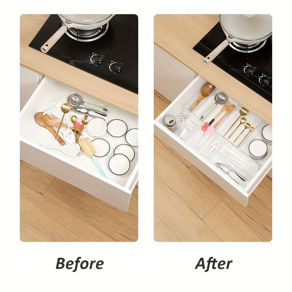 Clear Kitchen Drawer Organizer Set with Integrated Cabinet Organizer Stationery Cosmetic Organizer