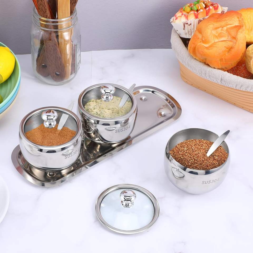 Stainless Steel Kitchen Spice Storage Bowls with Lid Spoon Herb Spice Tools Spice Holder Sugar Container Spice Organizer