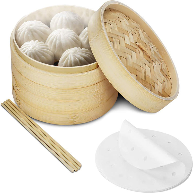 Bamboo Steamer for Traditional Dumplings, Vegetables, Dim Sum, Buns, Fish, and Meat