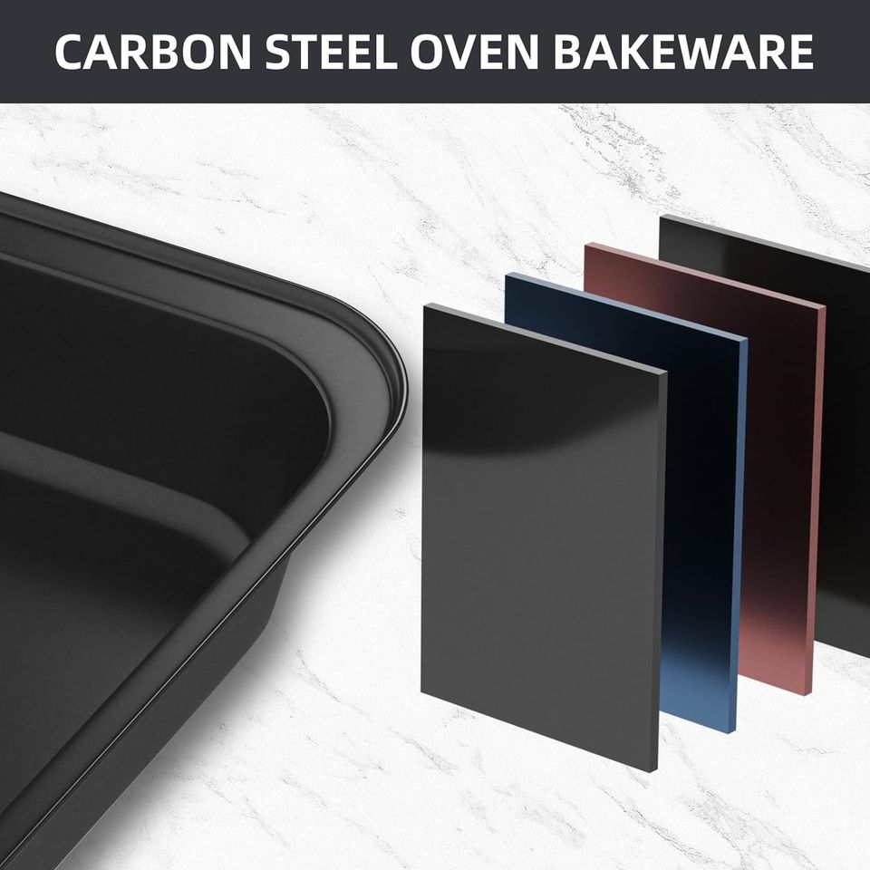 6-Piece Carbon Steel Non-Stick Baking Set with Parchment Paper, Cooling Rack, and Baking Pans for Cakes and Loaves