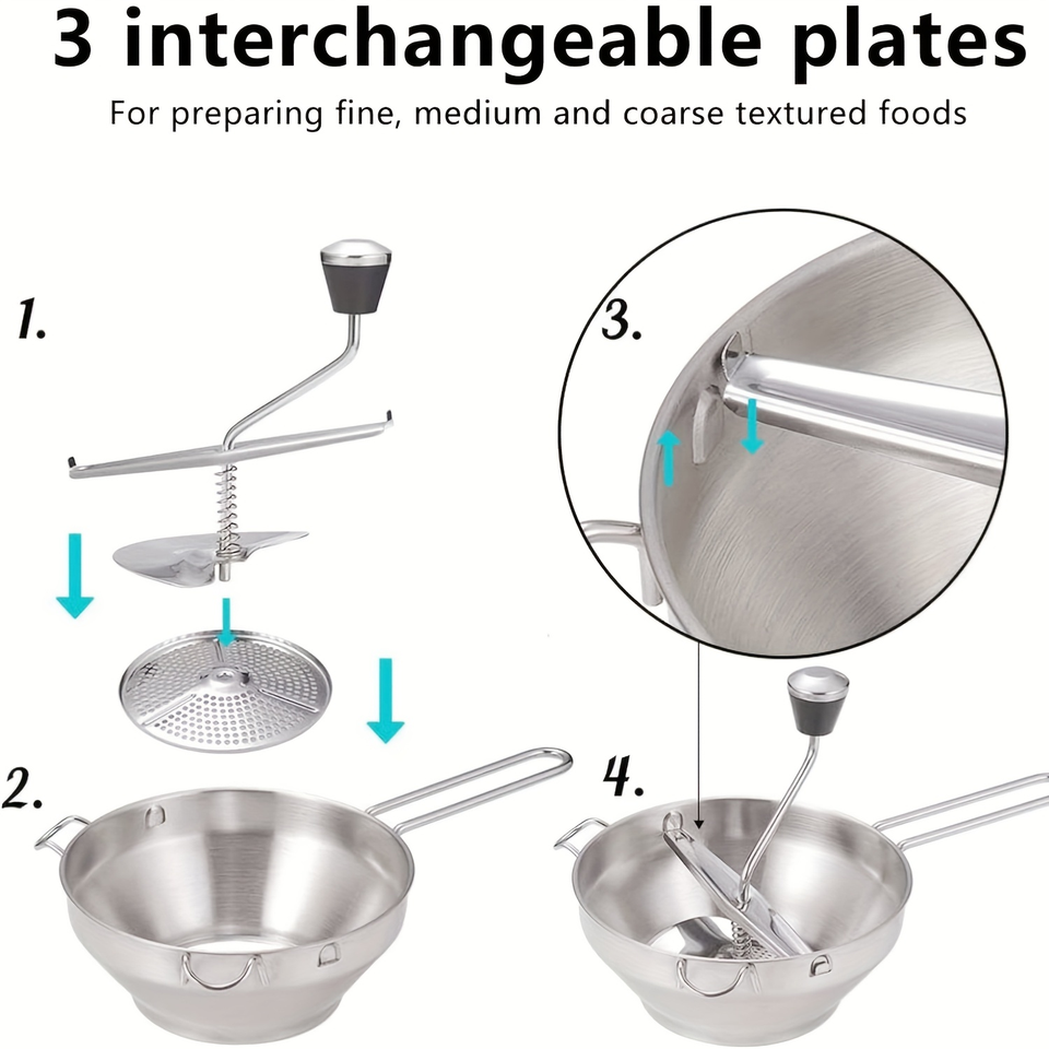 Stainless Steel Kitchen Tool: Manual Chopper for Fruit, Tomato Sauce, Mashed Potatoes with 3 Grinding Discs for Soups, Vegetables, and Canning