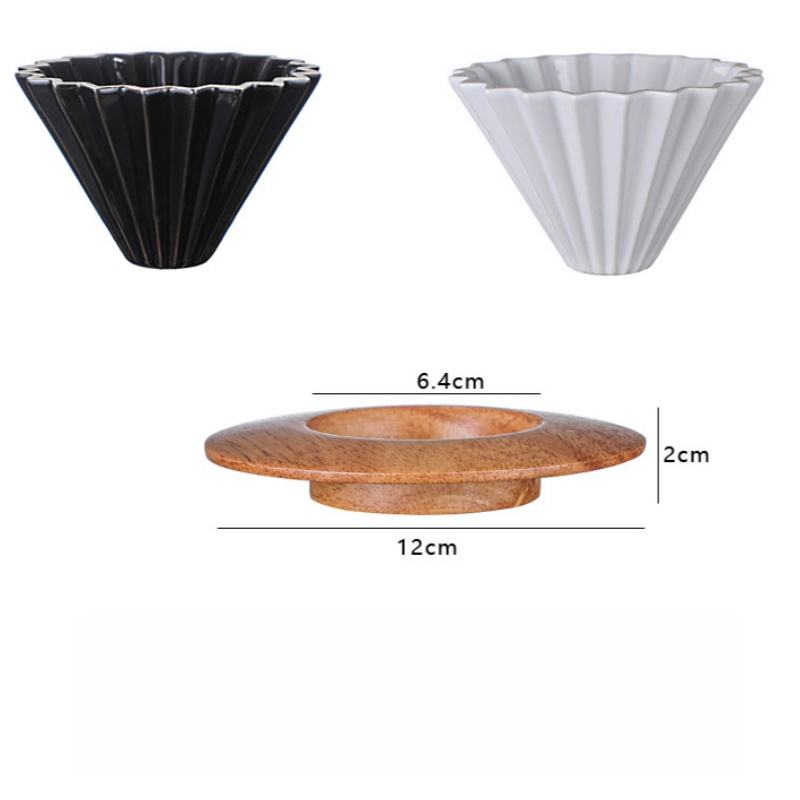 Ceramic Coffee Drip Cup with Wooden Cup Holder - Slow Brewing Accessory for 1-2 Cups in Box