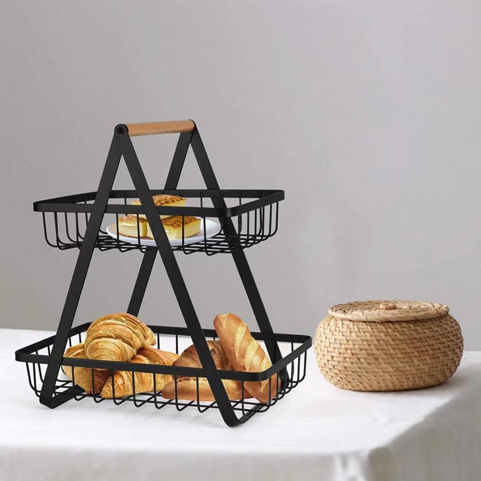 2 Tier Metal Grid Hanging Fruit Basket Storage Bin for Dining Table