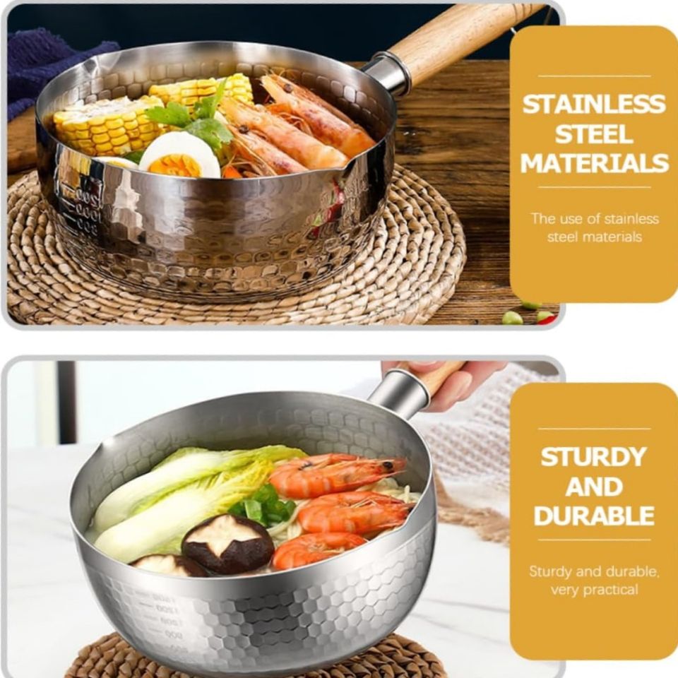Japanese Style Stainless Steel Flat Bottom Household Food Pot with Wooden Handle for Milk Pan and Soup Pots