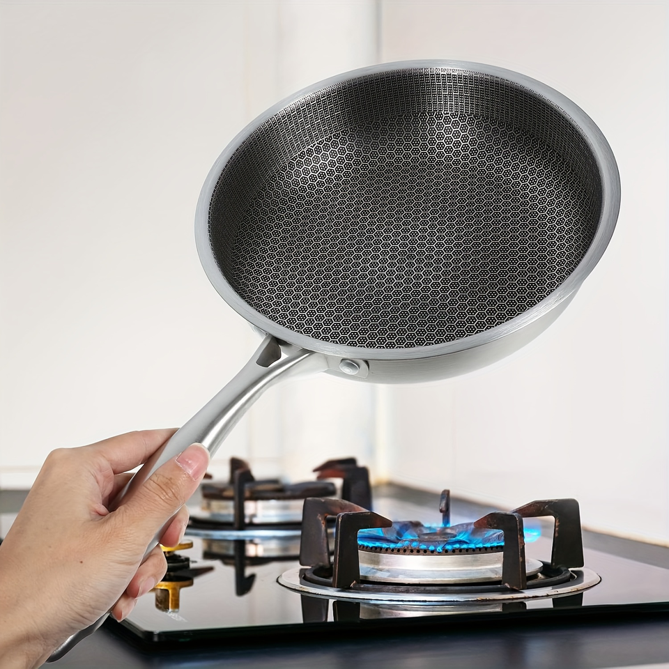 High-Quality Stainless Steel Frying Pan with Non-Stick Honeycomb Surface, Long-Handled Flat Pan for All Ovens