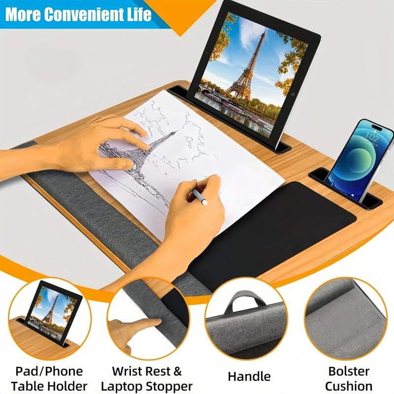 Portable Large Lap Desk for Adults, Lap Pillow with Palm Rest, Mouse Pad, Tablet Phone Slot