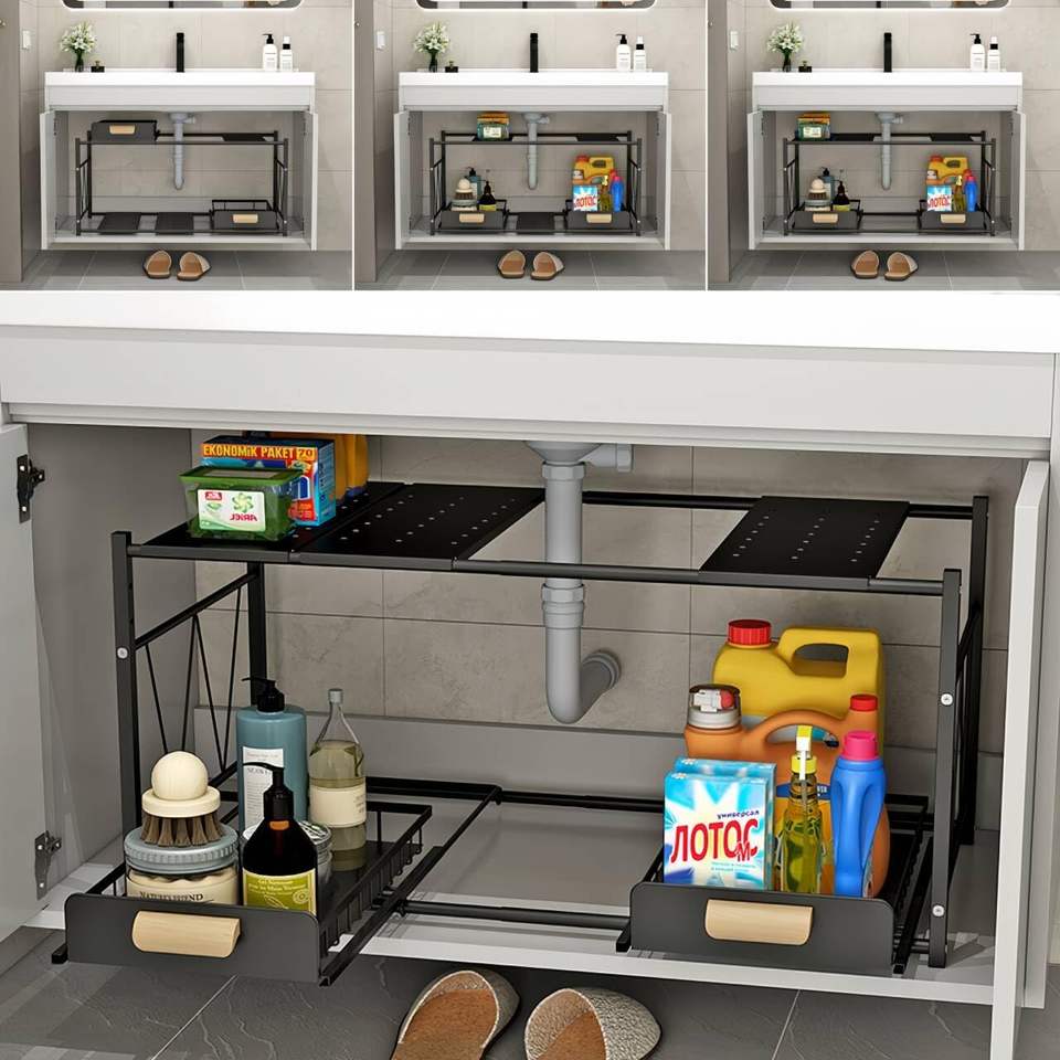 Expandable Kitchen Under Sink Organizer and Storage - Stainless Steel Bathroom Organizer and Storage - 2 Tier Sliding Basket Drawers