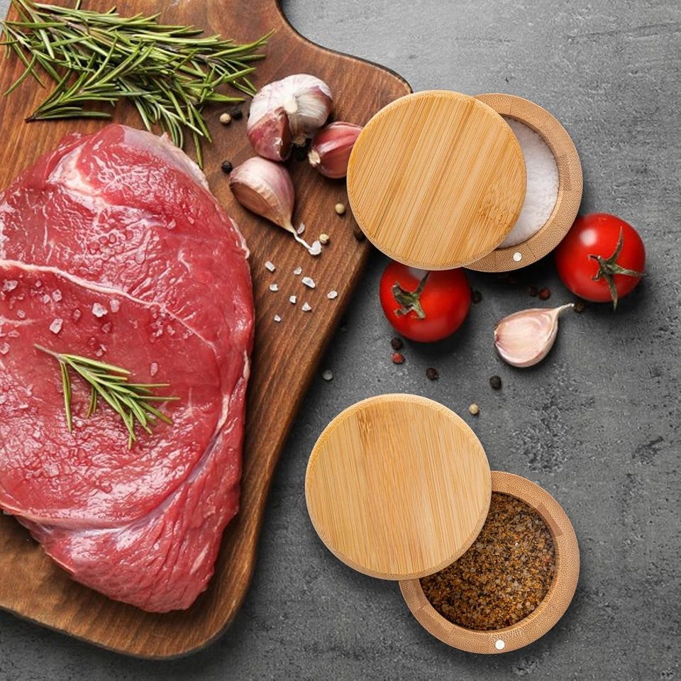 Bamboo Rotating Lid Magnetic Ceramic Salt Pepper Container Dry Food Storage Kitchen Organizer