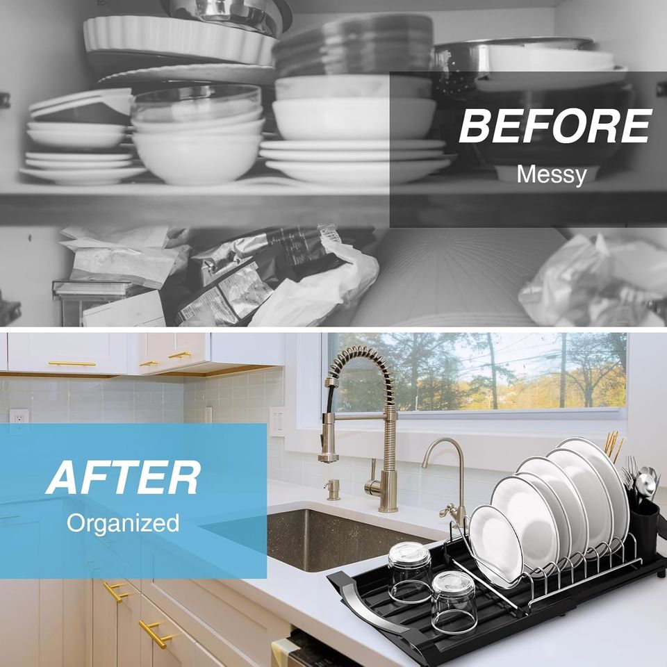 Adjustable Expandable Metal Dish Drying Rack with Non-Collapsible Single-Tier Kitchen Shelf Holder