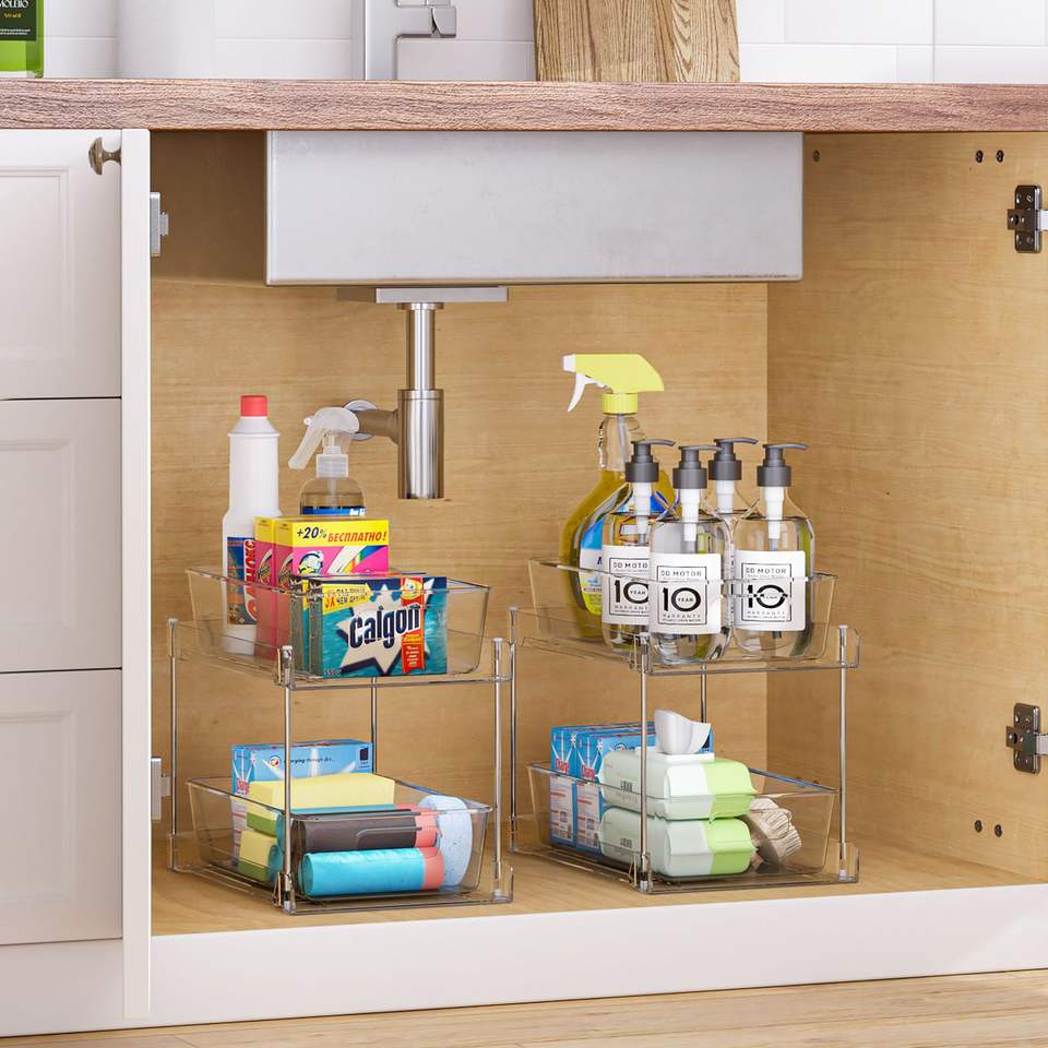 Double-layer Bathroom Storage Shelf 2-tier Transparent Under Sink Storage Box Set Makeup Table Storage Container