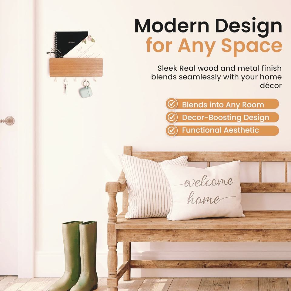 Key Holder Wall Mount with Adhesive Key Hook and Mail Organizer