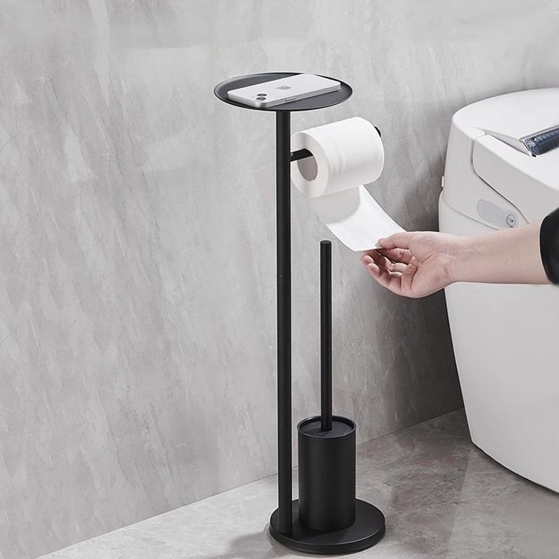Stainless Steel Bathroom Floor Stand Toilet Paper Holder with Brush Storage Set
