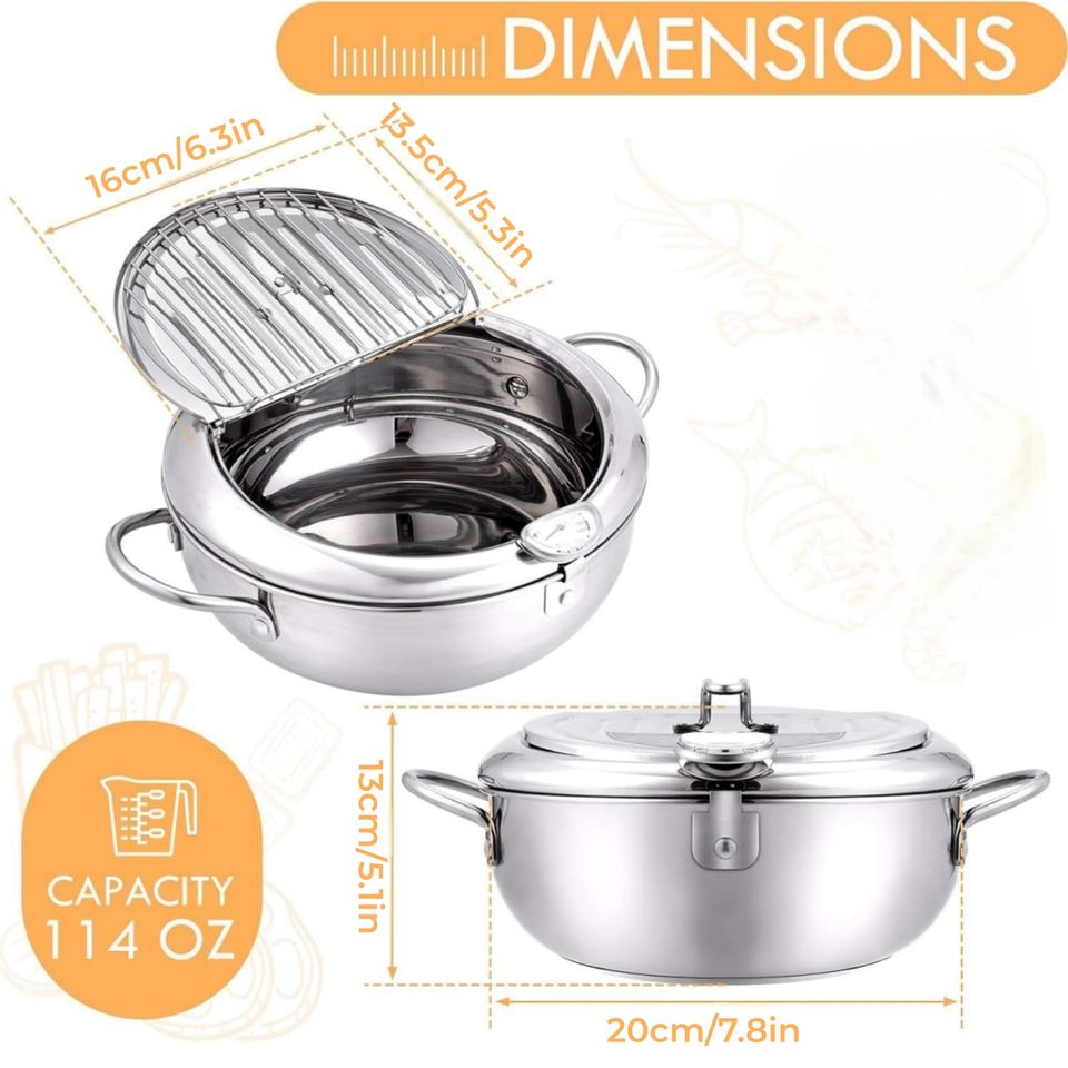 Multifunctional Stainless Steel Oil Fryer Pan with Thermometer 1-2L Capacity