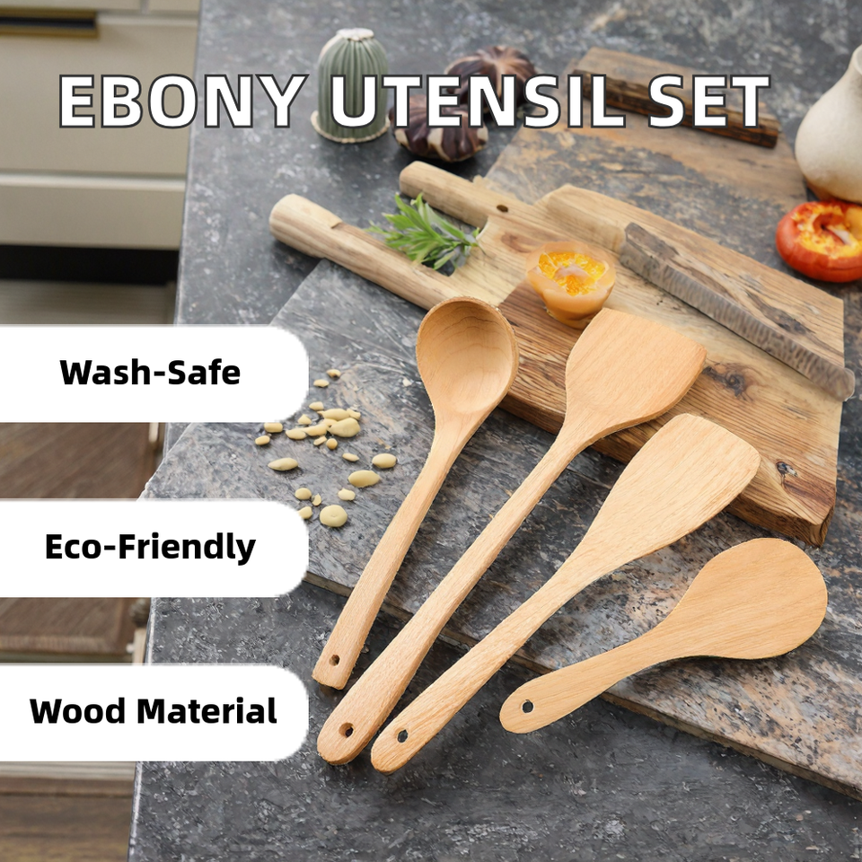 Long-Handled Non-Stick Wood Spatula and Spoon Set for Home Use