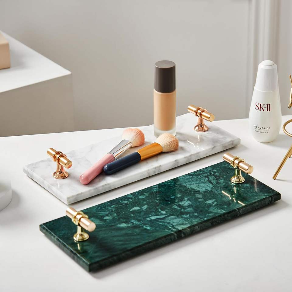 12" Marble Tray Napkin and Towel Organizer with Golden Handles