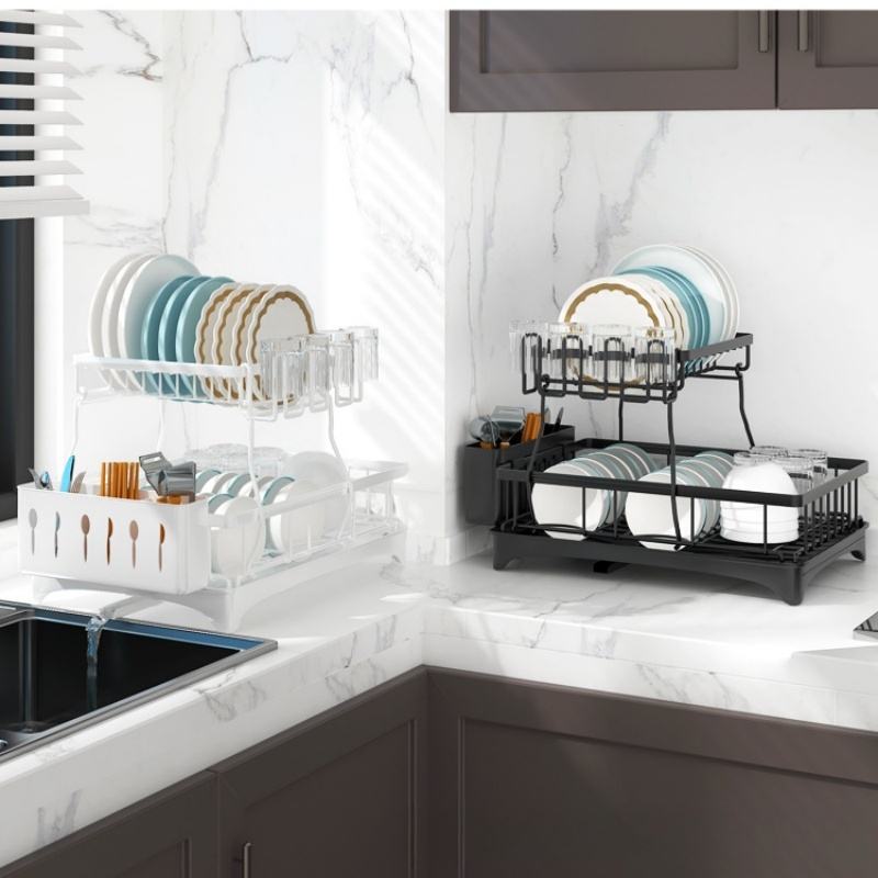Kitchen Sink and Dish Rack with Removable Sink-Side Shelf and Utensil Storage Rack