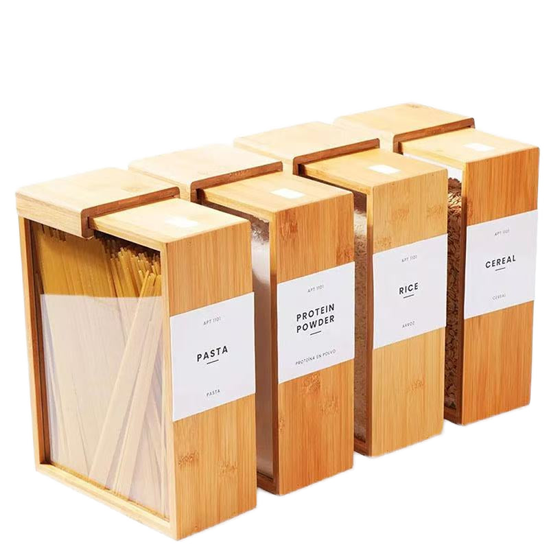 Bamboo Food Storage Box - Transparent Glass Container for Kitchen Organization