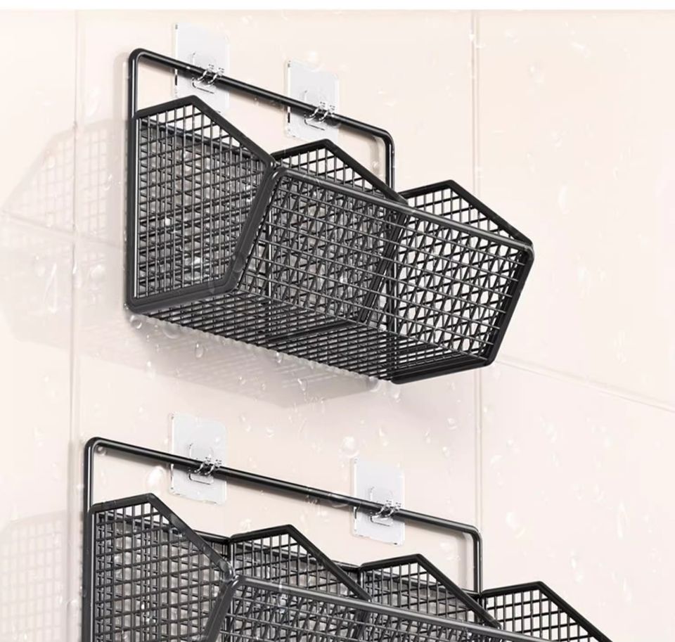 Hanging Wire Kitchen Storage Basket Self-Adhesive Cabinet Door Organizer Pantry Organization Rack No Drilling