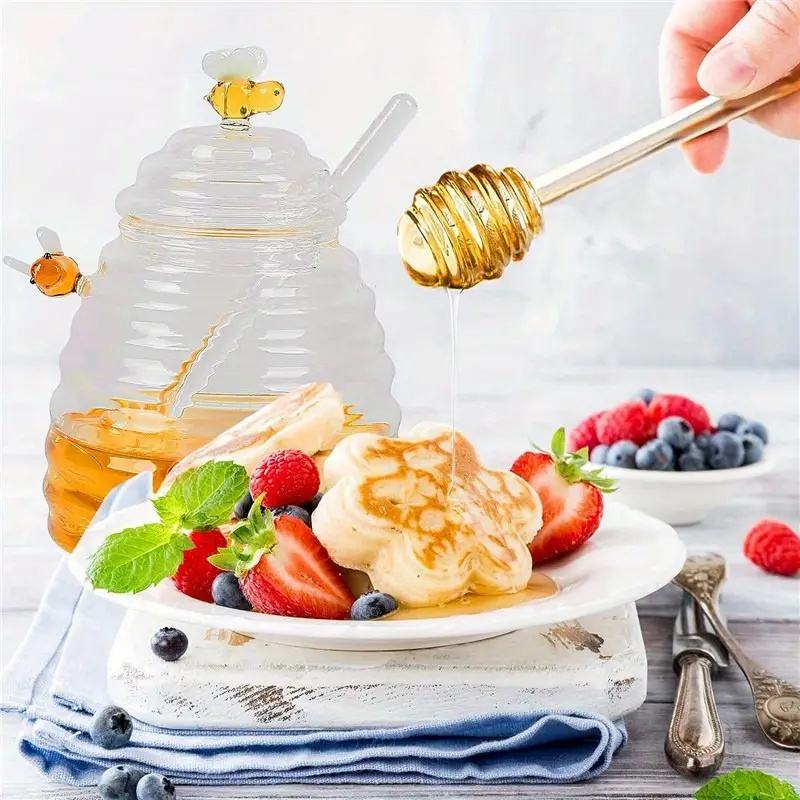 Bestselling Wholesale Honey Jars with Stirrer and Lid Unique Transparent Honey Dispenser Small Glass Jars for Honey