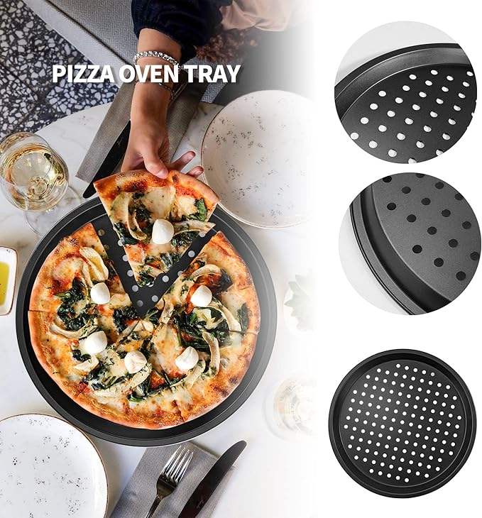 Perforated Carbon Steel Non-Stick Pizza Pan with Holes for Home Kitchen or Restaurant