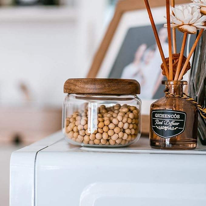 Glass Storage Jar with Wooden Lid, 300ml Coffee Beans Container