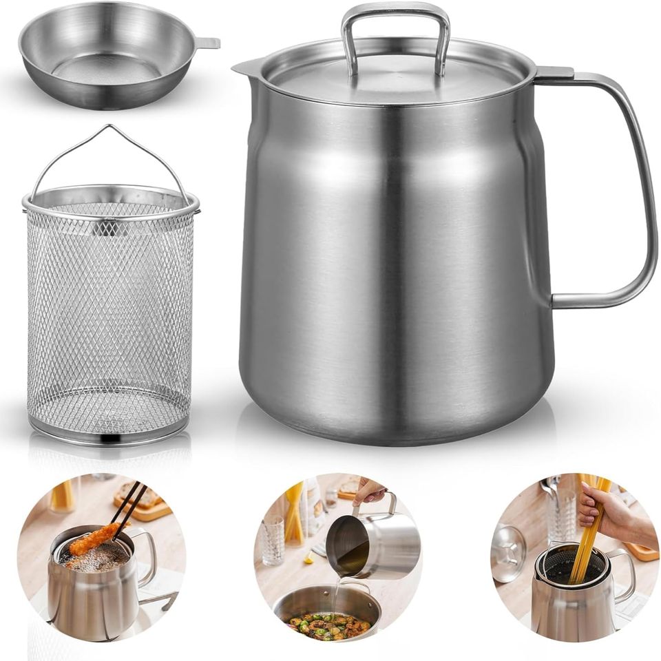 304 Stainless Steel Food-Grade Mesh Oil Filter Pot Multifunction Large Oil Kettle Bottle 1.5L/2.0L Oil Strainer French